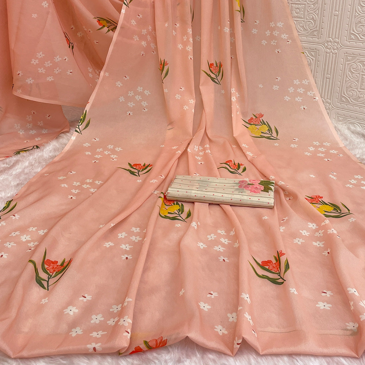 Peach Sparkle Star Georgette Saree Adorned With Floral Digital Prints
