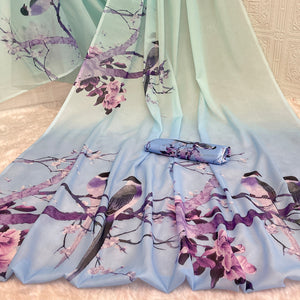 Light Turquoise Sparkle Star Georgette Saree Adorned With Floral & Bird Digital Prints