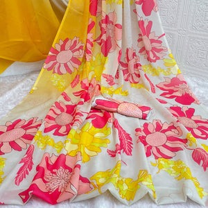 Yellow Sparkle Star Georgette Saree Adorned With Floral Digital Prints