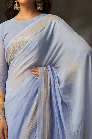 Graceful Blue Floral Digital Print Saree in Georgette With Artistic Crochet Border Work