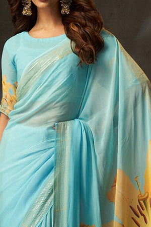 Graceful Sky Blue  Floral Digital Print Saree in Georgette With Artistic Crochet Border Work