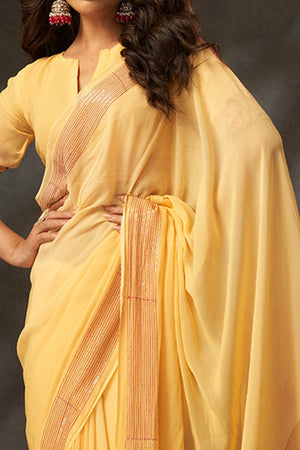 Graceful Yellow Floral Digital Print Saree in Georgette With Artistic Crochet Border Work