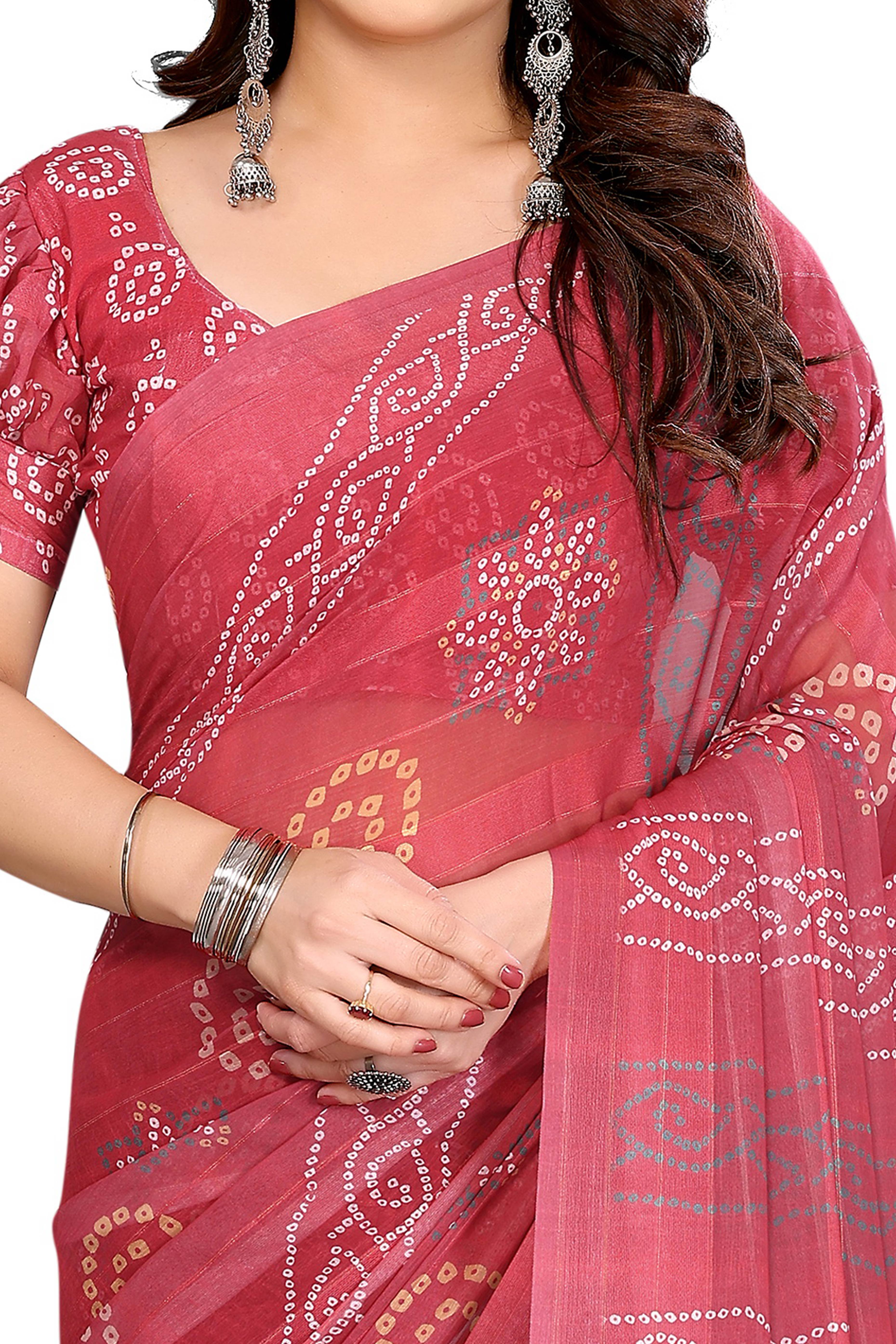 Graceful Maroon Bandhani Digital Print Georgette Saree Featuring Zari Work & Vibrant Striped