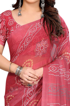 Graceful Maroon Bandhani Digital Print Georgette Saree Featuring Zari Work & Vibrant Striped