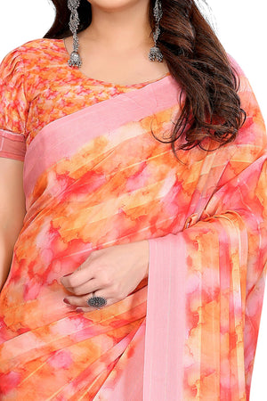 Classic Orange Digital Print Georgette Saree With Refined Zari & Stylish Striped