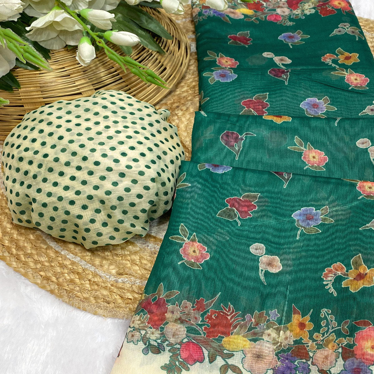 Green Floral Digital Print Chanderi Cotton Saree Enhanced With Charming Zari Weaving Border