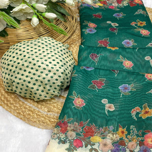 Green Floral Digital Print Chanderi Cotton Saree Enhanced With Charming Zari Weaving Border
