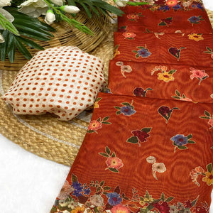 Rust Floral Digital Print Chanderi Cotton Saree Enhanced With Charming Zari Weaving Border