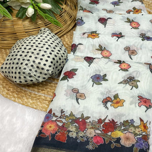 White Floral Digital Print Chanderi Cotton Saree Enhanced With Charming Zari Weaving Border