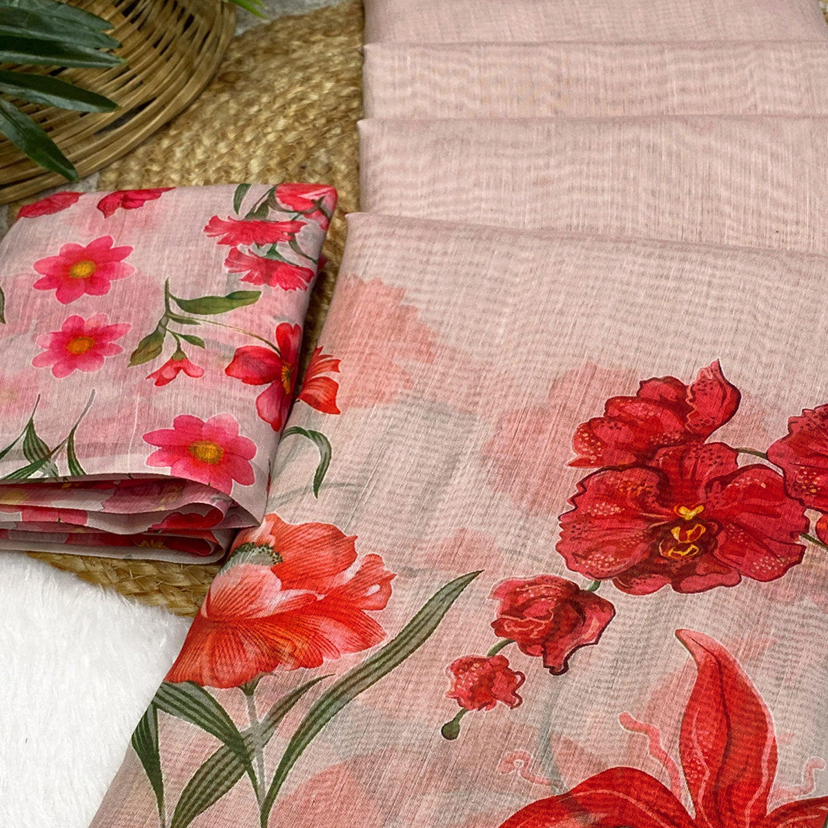 Baby Pink Chanderi Cotton Saree Featuring Digital Floral Prints & Decorative Tassel Pallu