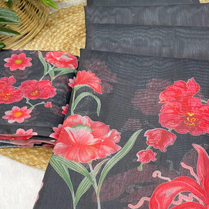 Black Chanderi Cotton Saree Featuring Digital Floral Prints & Decorative Tassel Pallu