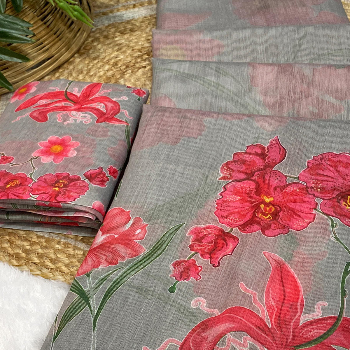 Grey Chanderi Cotton Saree Featuring Digital Floral Prints & Decorative Tassel Pallu