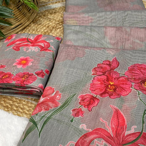Grey Chanderi Cotton Saree Featuring Digital Floral Prints & Decorative Tassel Pallu