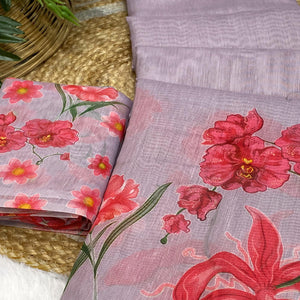 Lavender Chanderi Cotton Saree Featuring Digital Floral Prints & Decorative Tassel Pallu