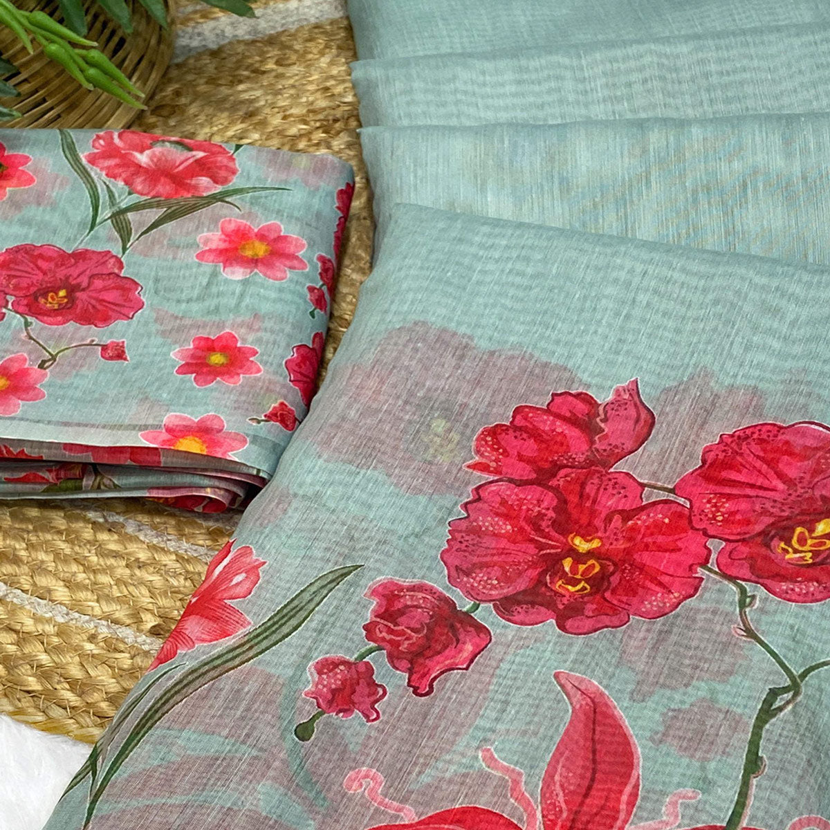 Sea Green Chanderi Cotton Saree Featuring Digital Floral Prints & Decorative Tassel Pallu