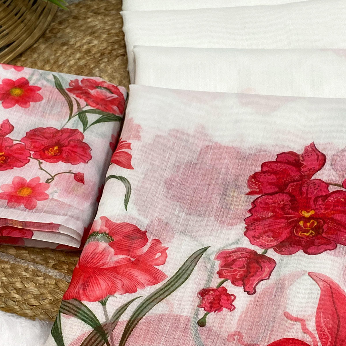 White Chanderi Cotton Saree Featuring Digital Floral Prints & Decorative Tassel Pallu