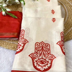 Graceful Offwhite & Red Durga Maa Digital Printed Saree With Sacred Motifs & Contrast Border