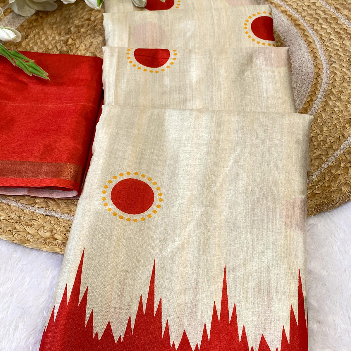 Radiant Offwhite & Red Durga Maa Digital Printed Saree With Sacred Motifs & Contrast Border