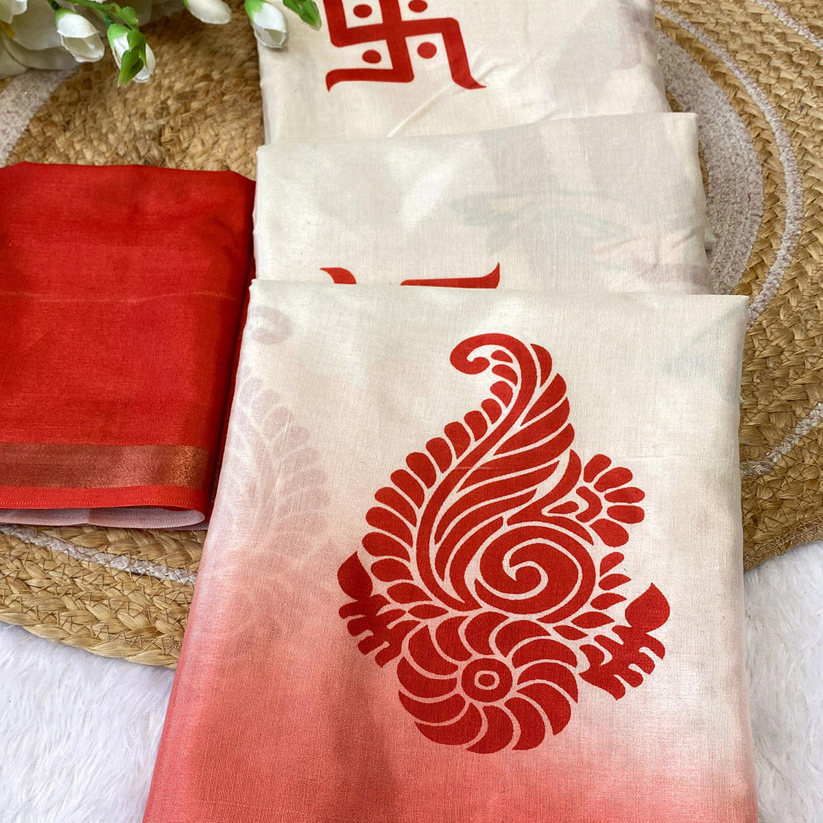 Stunning Offwhite & Red Durga Maa Digital Printed Saree With Sacred Motifs & Contrast Border