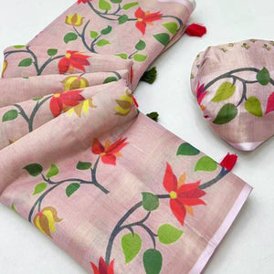 Pink Floral Printed Tissue Cotton Silk Saree Enhanced with a Classic Zari Weaving Border