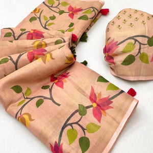 Peach Floral Printed Tissue Cotton Silk Saree Enhanced with a Classic Zari Weaving Border