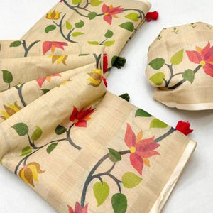 Beige Floral Printed Tissue Cotton Silk Saree Enhanced with a Classic Zari Weaving Border