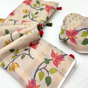 Grey Floral Printed Tissue Cotton Silk Saree Enhanced with a Classic Zari Weaving Border