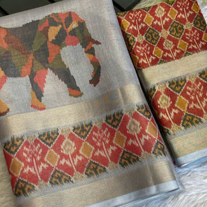 Grey Digital Print Saree in Premium Tissue Cotton Silk for Festive & Elegant Styling