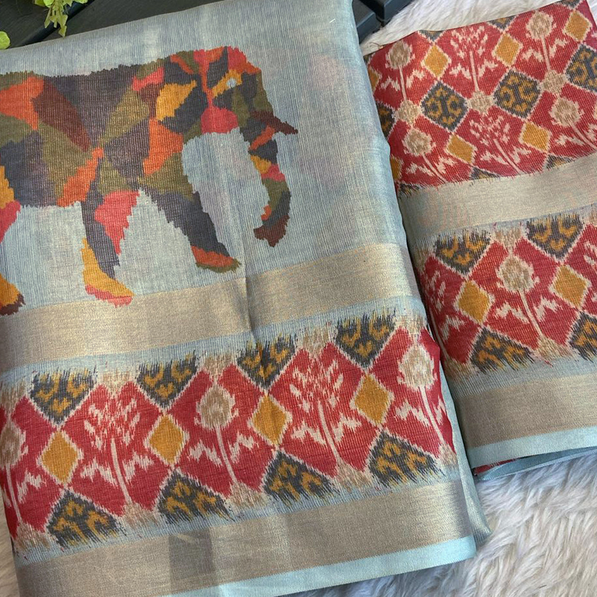 Sky Blue Digital Print Saree in Premium Tissue Cotton Silk for Festive & Elegant Styling