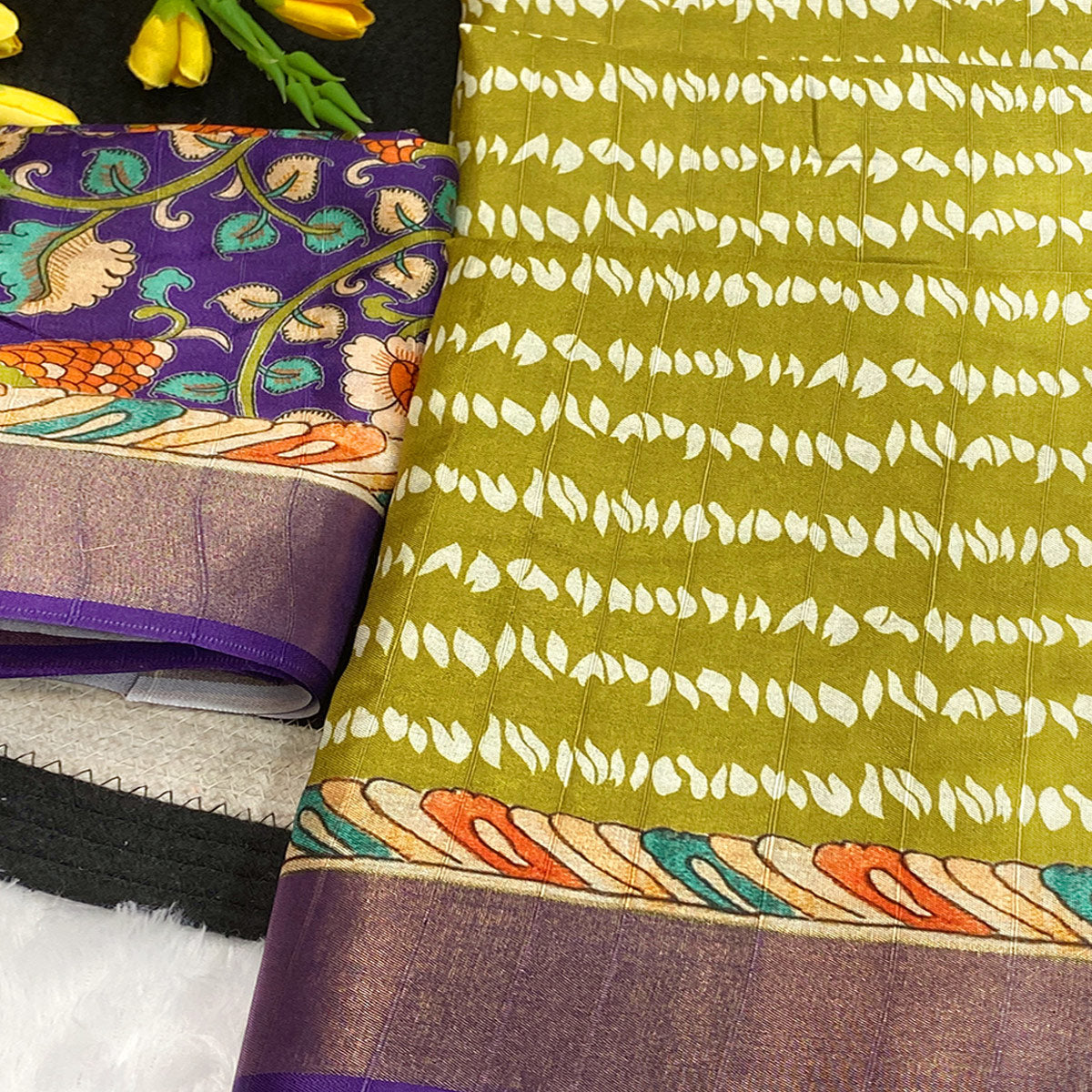 Mehendi Green Tusser Art Silk Saree Embellished With Peacock Print & Zari Border Work