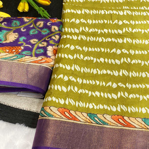 Mehendi Green Tusser Art Silk Saree Embellished With Peacock Print & Zari Border Work