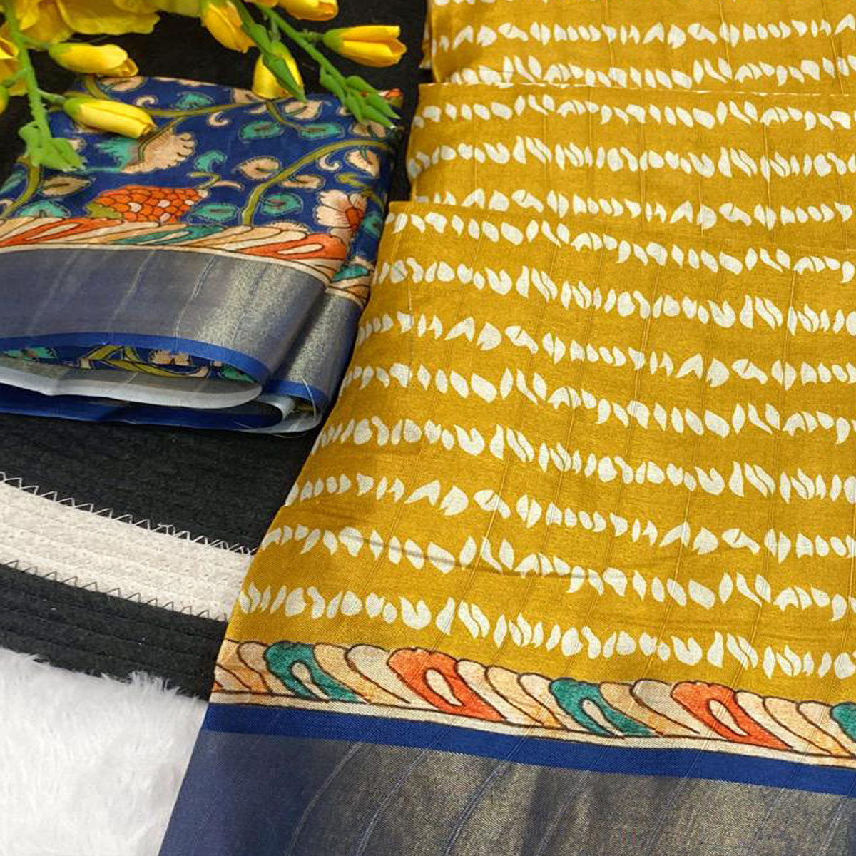 Mustard Tusser Art Silk Saree Embellished With Peacock Print & Zari Border Work