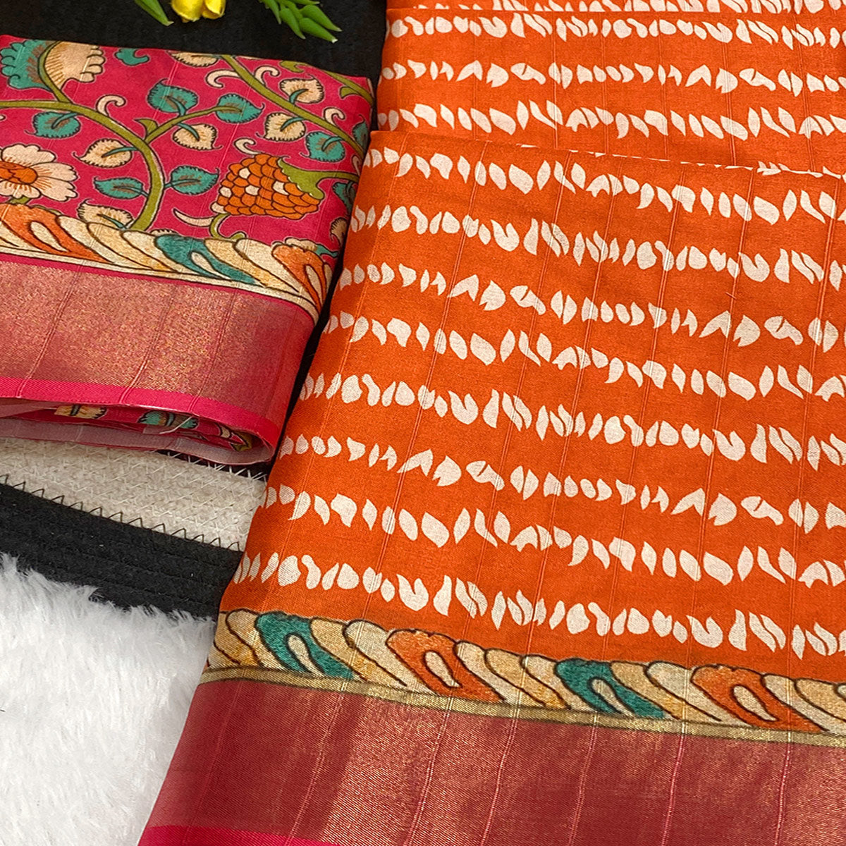 Orange Tusser Art Silk Saree Embellished With Peacock Print & Zari Border Work