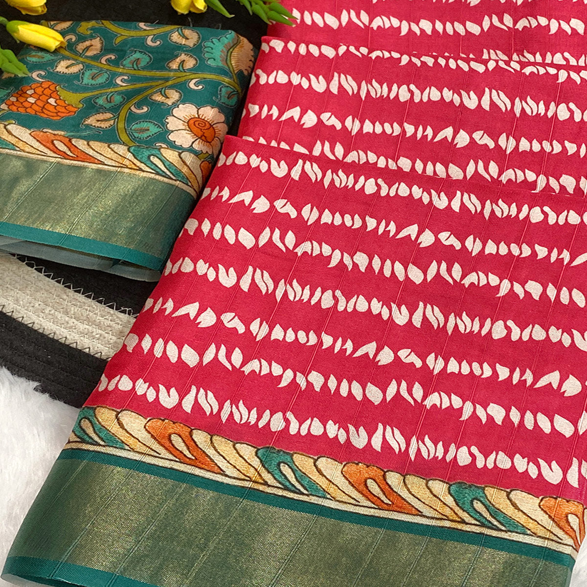 Pink Tusser Art Silk Saree Embellished With Peacock Print & Zari Border Work