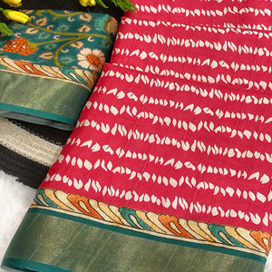 Pink Tusser Art Silk Saree Embellished With Peacock Print & Zari Border Work