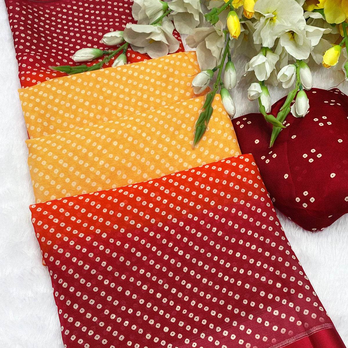 Designer Bandhani Saree in Yellow & Red Crafted from Soft Moss Georgette