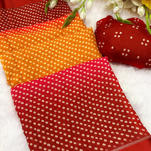Designer Bandhani Saree in Mustard & Red Crafted from Soft Moss Georgette