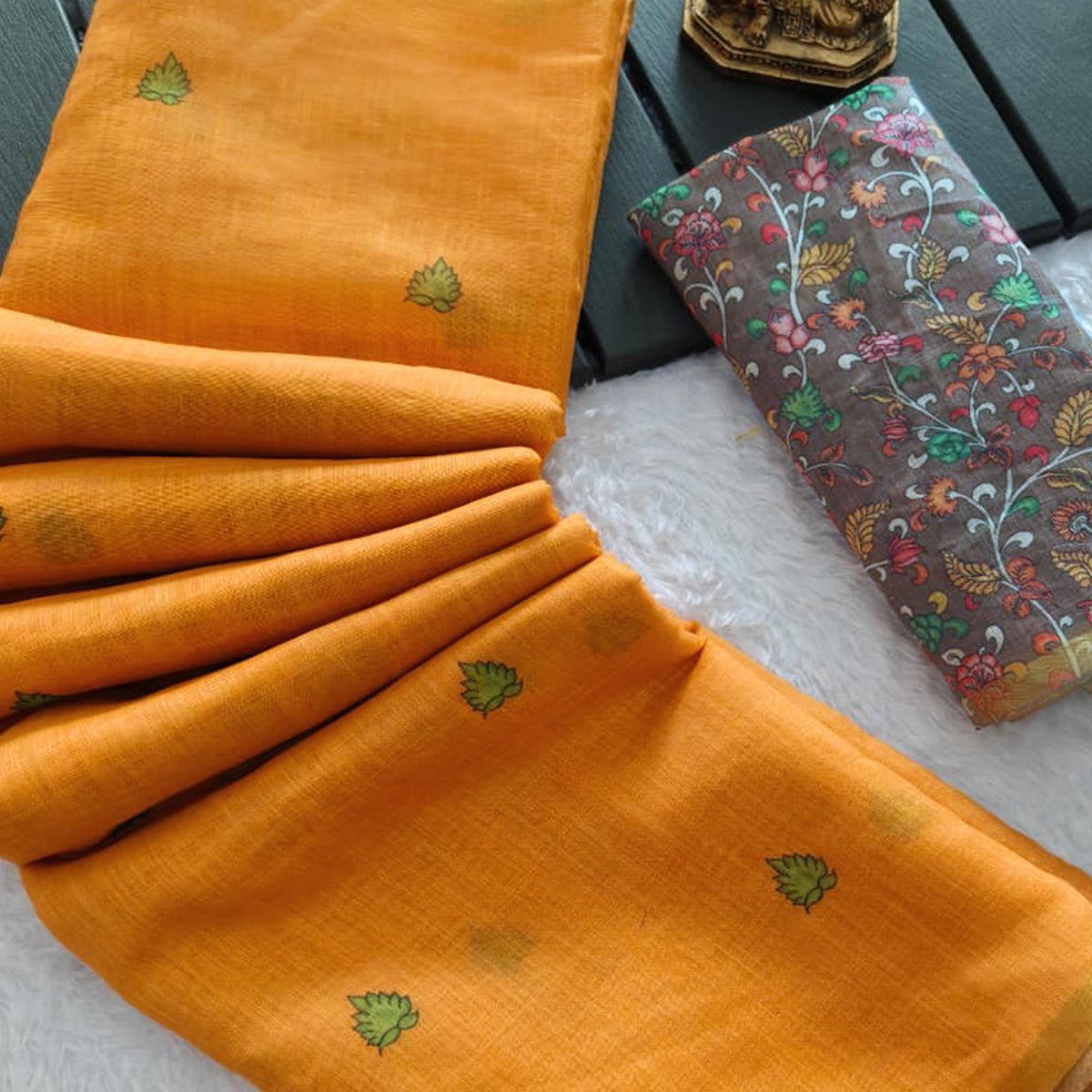 Minimalist Mustard Linen Cotton Saree with Elegant Printed Patterns
