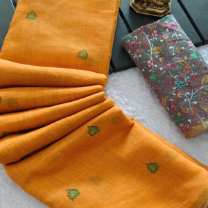 Minimalist Mustard Linen Cotton Saree with Elegant Printed Patterns