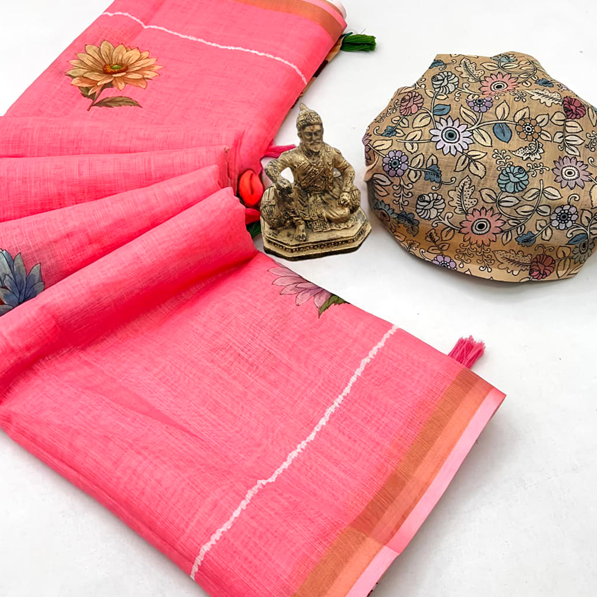 Elegant Pink Floral Digital Printed Linen Cotton Saree With Woven Border & Tassel Pallu