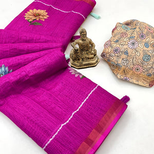 Elegant Rani Pink Floral Digital Printed Linen Cotton Saree With Woven Border & Tassel Pallu