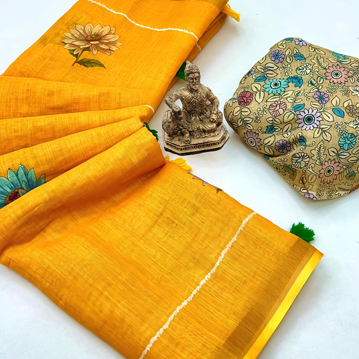 Elegant Mustard Floral Digital Printed Linen Cotton Saree With Woven Border & Tassel Pallu