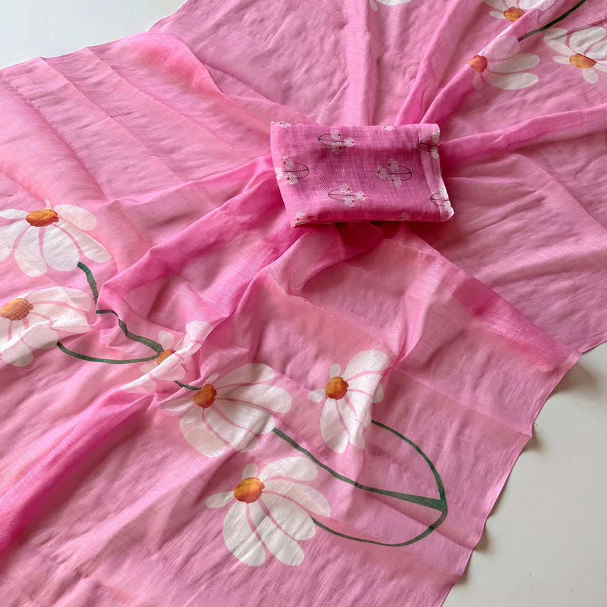 Graceful Baby Pink Linen Cotton Saree with Stylish Floral Prints for Effortless Elegance