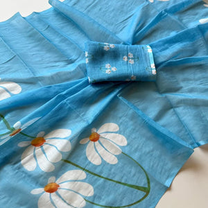 Graceful Sky Blue Linen Cotton Saree with Stylish Floral Prints for Effortless Elegance