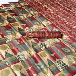 Beige Geometric Printed Tussar Silk Blend Festive Saree with Elegant Textured Finish