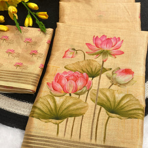 Mellow Yellow Cotton Blend Tusser Saree Adorned With Radha Krishna & Floral Print With Zari Border