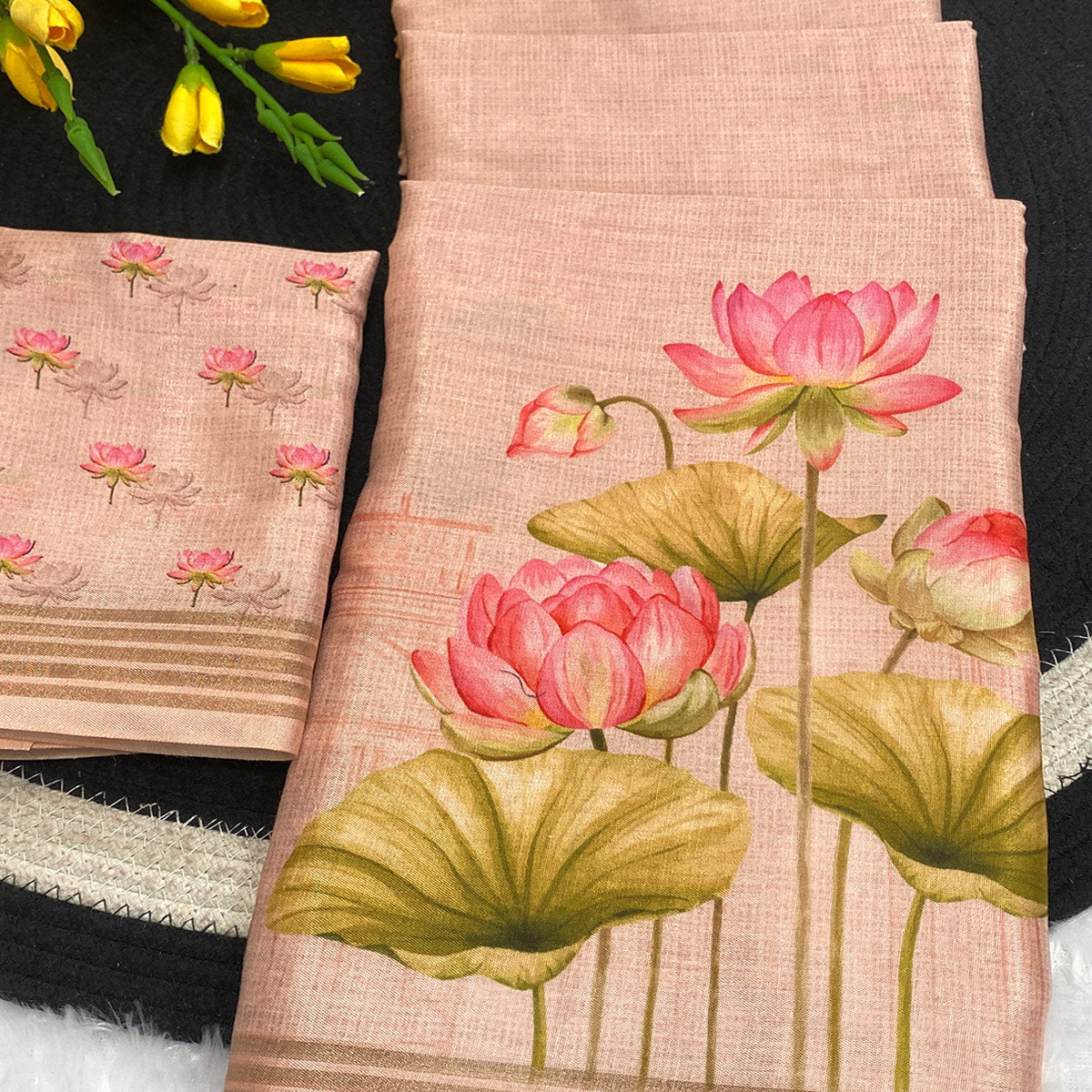 Peach Cotton Blend Tusser Saree Adorned With Radha Krishna & Floral Print With Zari Border