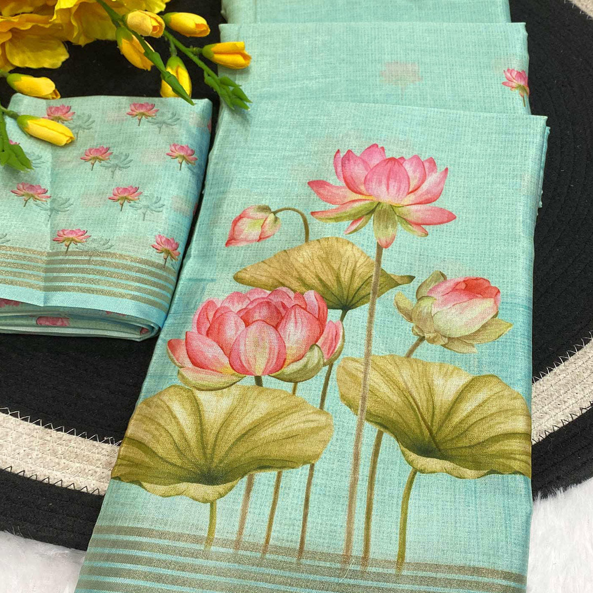 Turquoise Cotton Blend Tusser Saree Adorned With Radha Krishna & Floral Print With Zari Border