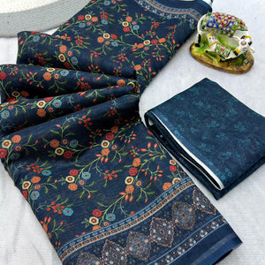 Luxurious Dark Blue Floral Printed Linen Cotton Saree with Decorative Fancy Latkan Pallu