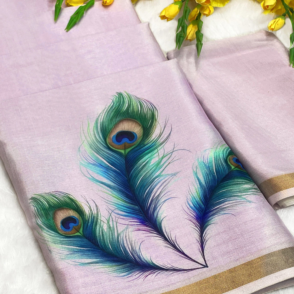 Charming Lavender Soft Tussar Cotton Silk Saree With Peacock Feathers Print